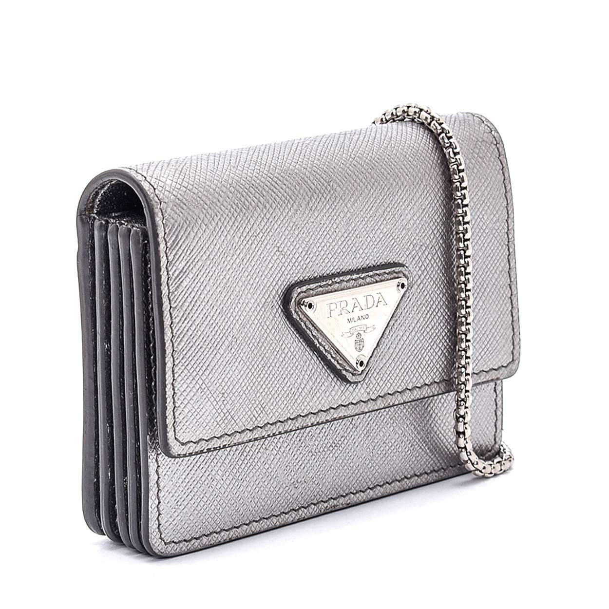 Prada - Metallic Silver Saffiano Leather Crossbody and Card Holder
